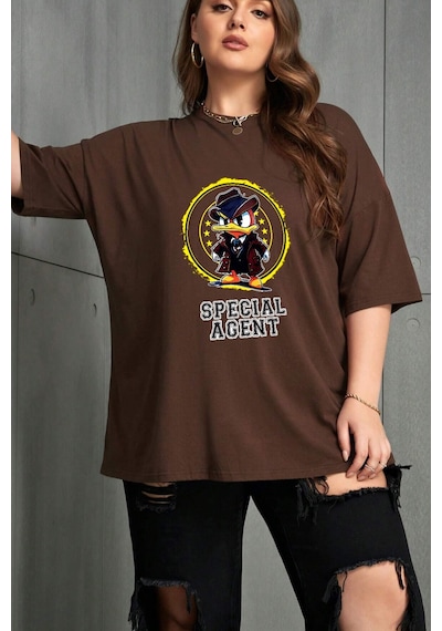 Unisex Special Agent Baskılı Oversize Tshirt Kahverengi