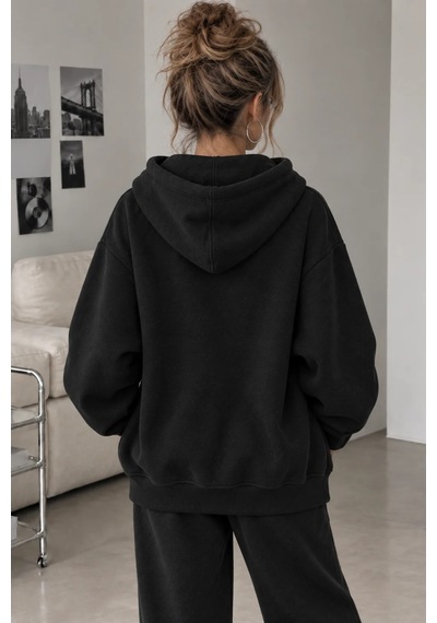 Cool Tarz Kadın Oversize Kapüşonlu Fermuarlı Sweatshirt 3 İplik Şardonlu Cepli Siyah Siyah Cool Tarz Kadın Oversize Kapüşonlu Fermuarlı Sweatshirt 3 İplik Şardonlu Cepli Siyah Siyah