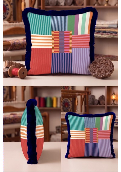 Geometrik Çizgili Modern Saçaklı Yastık Kılıfı - Patchwork Mint Lacivert Püsküllü Kırlent Kılıfı Altın