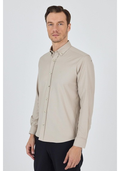 İmza Uzun Kol Düz Bez Ayağı Düğmeli Yaka Cepsiz Pamuklu Casual Slim Fit Gömlek 1004250212 Bej