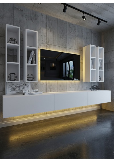 Resital Ledli Duvara Monte Tv Sehpası - Beyaz - W6005-1 Beyaz