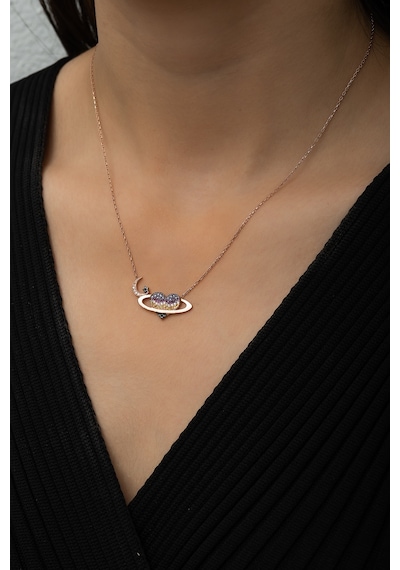 Papatya Silver Satürn Kuşaklı Kalp Ay Yıldız Bayrak Kolye Rose Gold Kaplama 925 Ayar Gümüş, UVPS100493