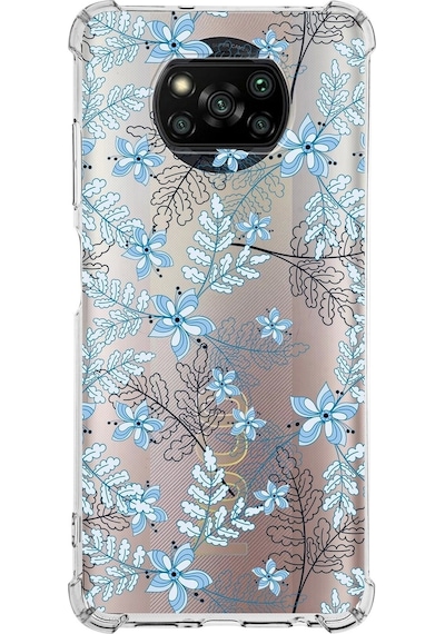 Xiaomi Poco X3 Pro Köşe Korumalı Antişok Kapak Floral Mavi Tasarımlı Şeffaf Silikon Kılıf