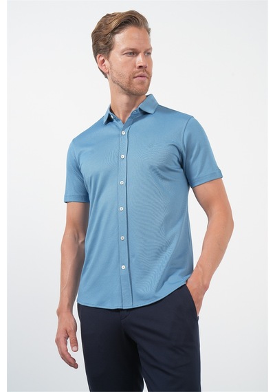 İmza Mavi İtalyan Yaka Kısa Kol Cepsiz Slim Fit Pamuklu Gömlek 1004260158 Koyu Mavi