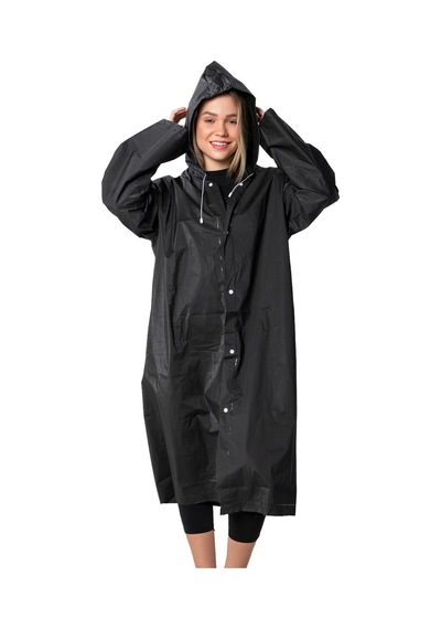 Marlux Unisex Su Rüzgar Geçirmez Kapüşonlu Çıtçıt Düğme Eva Yağmurluk - Siyah - Beyaz
