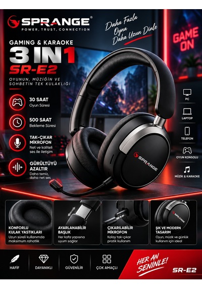 Sprange Bluetooth 6.0 Aktif Gürültü Engellemeli Kablosuz Kulaklık Çıkarılabilir Mikrofonlu - Sd Kart Destekli Sr-e2