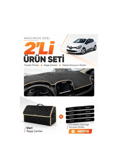 Renault Clıo 4 2012-2019 Uyumlu Torpido Örtüsü + Deri Bagaj Çantası + Sticker Seti - Siyah Bej