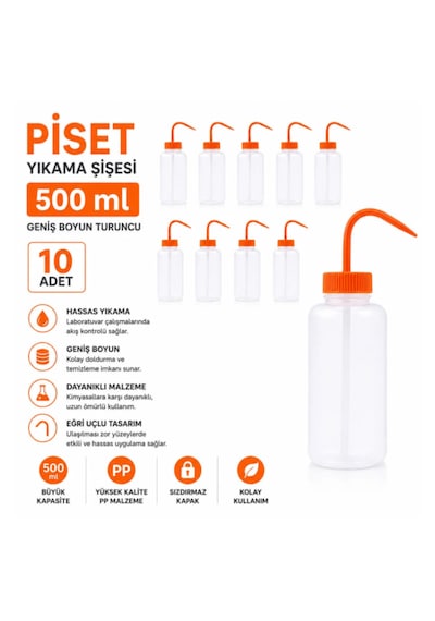 Piset 500 Ml - Yıkama Şişesi Geniş Boyun Turuncu 10 Adet
