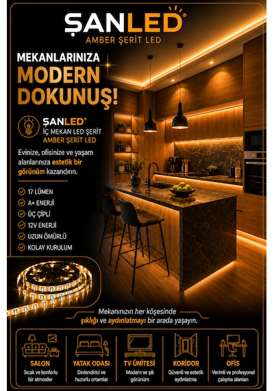 3 Çipli Şerit Led Amber Rengi 12v 5 Metre