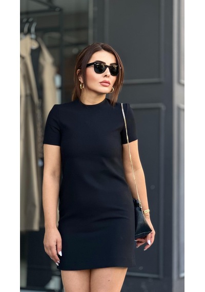 Siyah Tok Doku Kısa Kol Mini Elbise Siyah