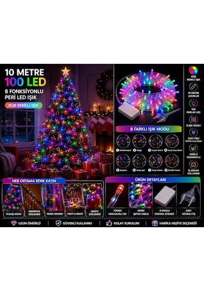 Rgb Renkli Peri Led Işık 8 Fonksiyon 10 Metre 100 Ledli Dekoratif Yılbaşı Ağacı Parti Ev Oda Süsleme Diğer
