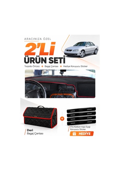 E-biz Opel Omega 1993-2003 Uyumlu Torpido Örtüsü + Deri Bagaj Çantası Seti - Siyah-kırmızı - Op013