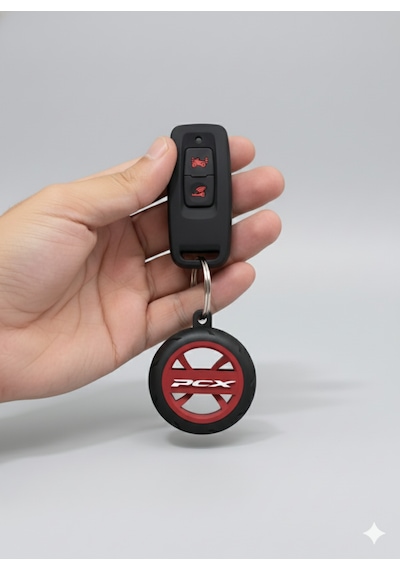 Honda Pcx Logolu Özel Tasarım Lastik Detaylı Motosiklet Anahtarlığı Kırmızı