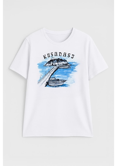 Markapia Kadın Bisiklet Yaka %100 Pamuk Mavi Kuşadası Baskılı Kısa Kollu T-shirt Çok Renk Çok Renkli
