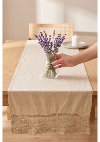 Oxford Lacy Pamuklu Dantelli Runner 40x150 Cm Bej