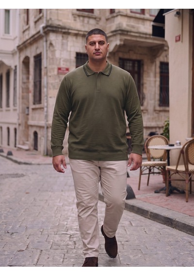Maccali Erkek Haki Büyük Beden Gizli Fermuarlı Polo Yaka Triko Sweatshirt