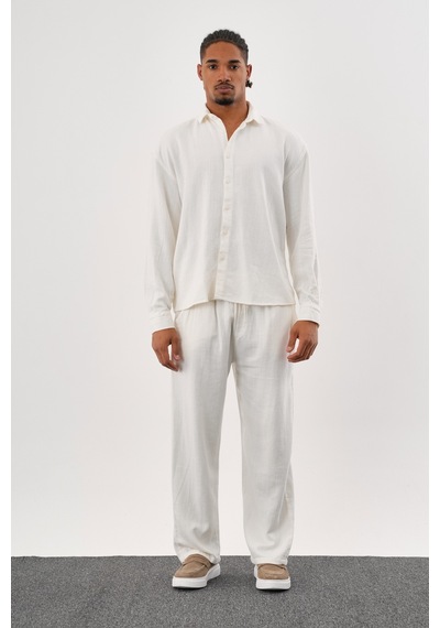 Flare Kışlık Baggy Pantolon Oversize Gömlek Alt Üst Takım %100 Pamuk Beyaz