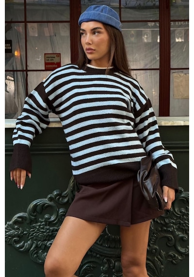 Madmext Kahverengi Çizgili Bisiklet Yaka Oversize Kadın Kazak Mg2894