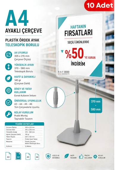 10 Adet - A4 Ayaklı Fiyat Etiketlik Teleskopik Borulu Çerçeve Etiketlik Yönlendirme Levhası Menü Panosu Şeffaf