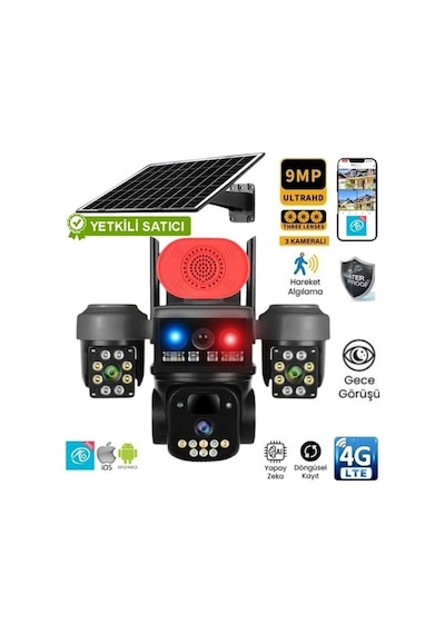 O-kam 8090 3 Lens 4g Solar Mavi Kırmızı Işıklı Sirenli Güvenlik Kamerası