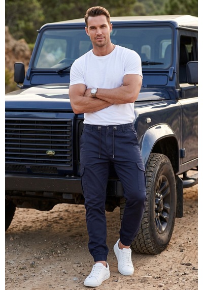Rizzup Erkek Slim Fit Likralı Lacivert Kargo Jogger Pantolon İpli Bel Lastikli Paça 1601569