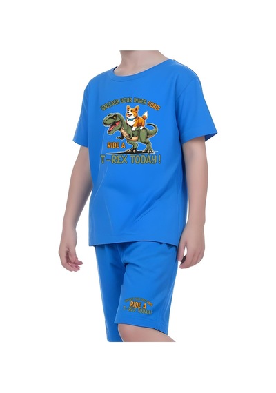 Fyk Kids Erkek Çocuk Tişört-şort Trex Today Baskılı Alt-üst Takım Mavi
