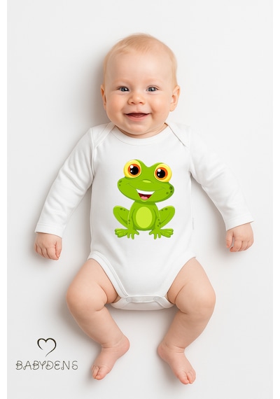 Babyden's Sevimli Hayvan Figürlü %100 Pamuk Uzun Kollu Çıtçıtlı Bebek Body Kurbağa Beyaz