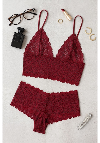 Ang Butik Kadın Bordo Dantel Bralet Şort Takımı Asil Ve Sofistike İç Giyim