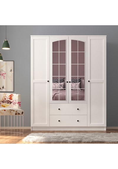 Side Rose 4 Kapak 2 Çekmece Aynalı Gardırop Beyaz