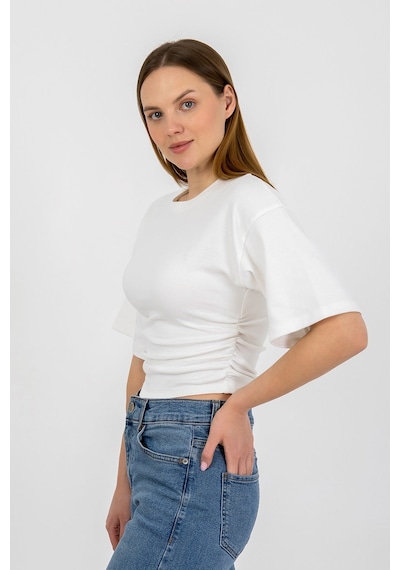 Hdm Kadın Ekru Yanları Büzgülü Kısa Kol T-shirt - H6085