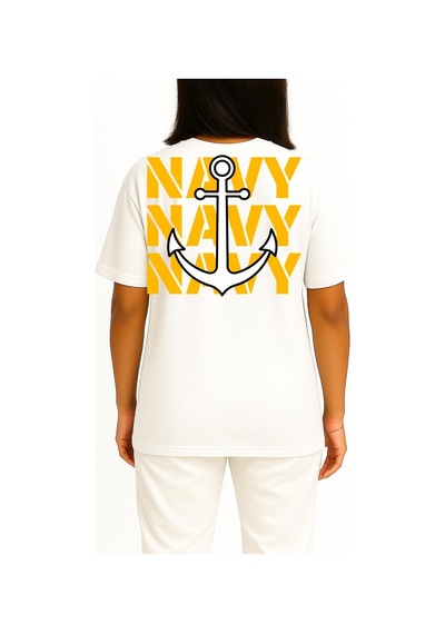 Bahriyeli Collection Oversize Trio Navy Anchor Göğüs Ve Sırt Baskılı Unisex T-shirt Beyaz