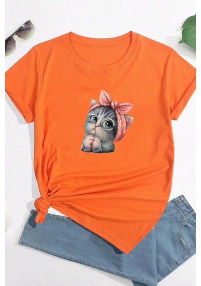 Startmore Sevimli Minik Kedi Baskılı T-shirt Turuncu
