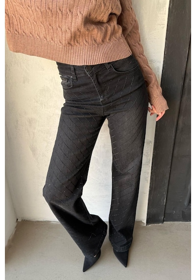 Koyu Siyah Yüksek Bel Likralı Taşlı Kadın Jean Pantolon Mg2271 siyah