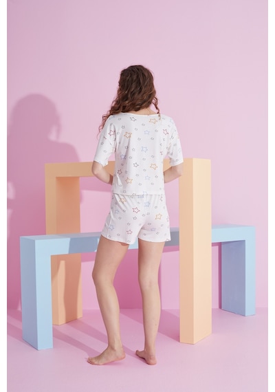 Siyah İnci Likralı Örme T-shirt-şort Pijama Takım 7809 Beyaz Yıldız