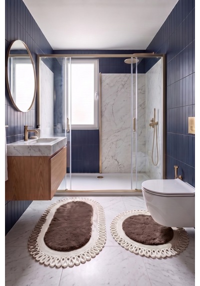 Banyo Paspası Takımı 60x100+60x60 Cm Dış Trikot Mouss Kahve & Krem