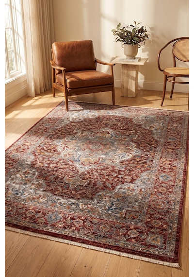 Dekorenti Otantik 2603 Kırmızı Halı Eskitme Madalyon Desenli Halı