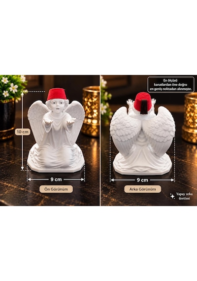 Melek Biblo Kanatlı Melek Figürü Beyaz Kırmızı Fes Dekoratif Masa Süsü 10x9 Cm