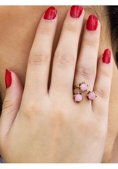 Doğal Taş Pembe Kuvars 3'lü Doğal Taşlı Antik Model Kadın Ayarlanabillir Yüzük Euy88pk Pembe