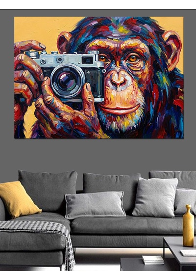 Ahşap Tablo Fotoğraf Çeken Karizmatik Şempanze Portresi