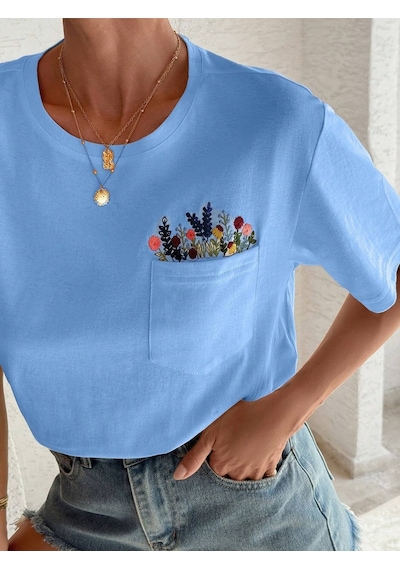 Flood Of Style Kadın Bebe Mavi Çiçekli Cep Baskılı Oversize