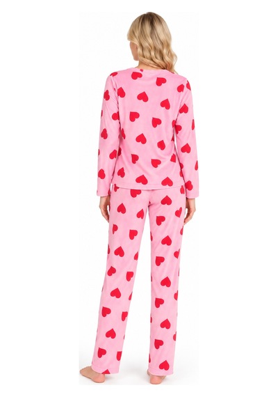 Sleeeproom Kadın Süet Mevsimlik Kalp Desen Pudra Pijama Takımı Kırmızı - Pembe
