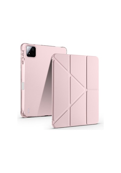 Mi Pad 7 2024 2410crp4cg Uyumlu Kalem Bölmeli Dönebilen Üçgen Standlı Tri Folding Tablet Kılıfı - Rose Gold - T38567