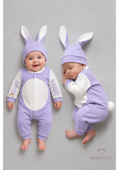 Babyden's Tavşan Kulaklı Yenidoğan Tulum Seti %100 Pamuklu Ayarlanır Ponponlu Kız Bebek Tulum Şapka Set Lila