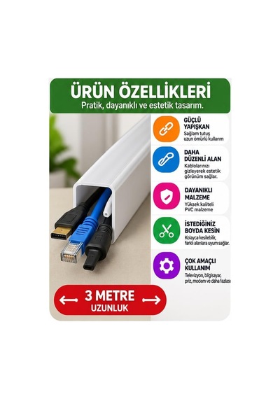 Tr Kablo Kanalı 3 Metre - Yapışkanlı Kablo Gizleme Ve Kablo Düzenleyici Organizer