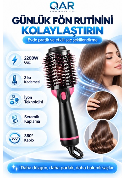 2200w Hava Üflemeli Saç Şekillendirici İyonik Fön Tarağı Düzleştirici Ve Hacim Verici Fırça