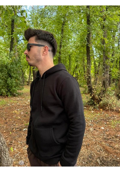 Erkek Oversize Kapüşonlu Tam Fermuarlı Kanguru Cepli Şardonlu Sweatshirt SIYAH