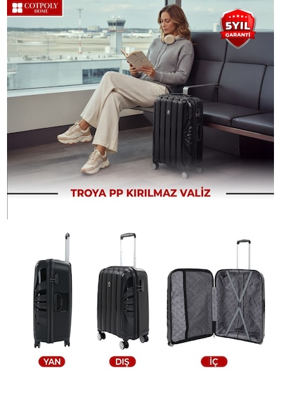 Cotpoly Home Troya Pp Polipropilen Kırılmaz Orta Boy Valiz 360 Döner Sessiz Tekerlekli Siyah
