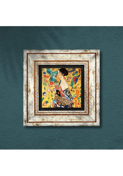 Gustav Klimt Yelpazeli Kadın Taş Duvar Tablosu - Çerçeveli Taş Tablo - Dekoratif Duvar Sanatı - Modern Ev Ve Ofis Duvar Dekoru T1-275