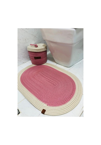 Jüt,hasır,2 Li,banyo Takımı,bohem Tarzı Banyo Takımı, Paspas/sepet/25x25 Pembe Beyaz Pembe Beyaz