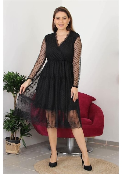 Neşeli Butik Kadın Kruvaze Yaka Eteği Güpür Detaylı Yeni Sezon Elbise Apcx10 Siyah